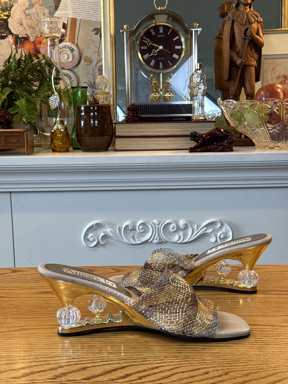 Vintage 90s Amanda Metallic Gold Mesh Mules Clear Orb Lucite Wedge Heel Size 8M